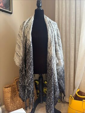 Express Black and White Ombre Fringe Open-Front Poncho
